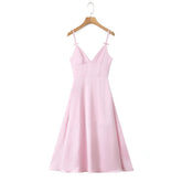 Pink Satin V-neck Bow Strap Flare Midi Dress