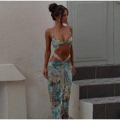 Blue Printed Cut Out Tie Up Maxi Dress �V-Neck Style