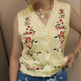 Knit V-Neck Floral Embroidery Vest