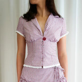 Plaid Button Down Lace Trim Top