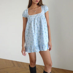 Charming Square Neck Mini Dress - Printed A-Line with Puff Sleeves