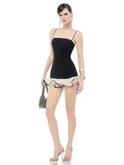 Black Solid Cami Lace Frill Trim Mini Dress
