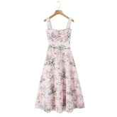 Pink Floral Print Bow Ruched Midi Dress