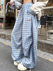 Blue Plaid High Waist Wide Leg Baggy Sweatpants
