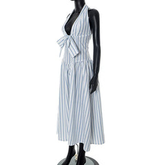 Blue Stripe Deep Neck Maxi Dress