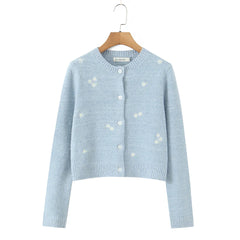 Blue Embroidery Flower Button Cardigan