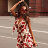 Red Printed Neck Scarf Halter Mini Dress