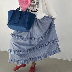 Blue Ruffles Plaid Long Skirt - Preppy A-Line