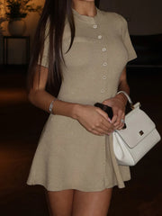 Knitted Short Sleeve Button A-Line Mini Dress