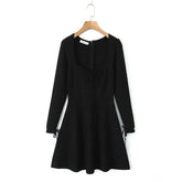 Ribbed Square Neck Long Sleeve Ribbion Mini Dress