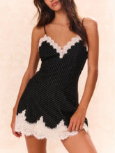 Elegant Striped Lace Trim Pleated Slip Mini Dress