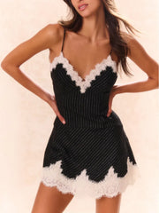 Elegant Striped Lace Trim Pleated Slip Mini Dress