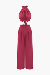 Halter Neck Backless Top And Pleated Pants Set
