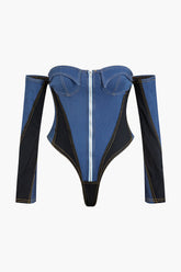 Contrast Denim Zip Up Off Shoulder Long Sleeve Bodysuit