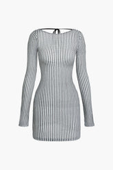Stripe Tie Backless Round Neck Long Sleeve Mini Dress