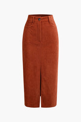 Corduroy High Waist Slit Front Midi Skirt