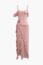 3D Flower Ruffle Slit Cami Maxi Dress