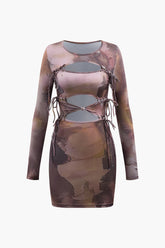 Printed Cut Out Tie Twist Long Sleeve Mini Dress
