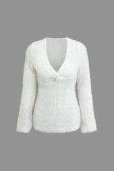 Brushed Twist Front V-neck Long Sleeve Knit Top