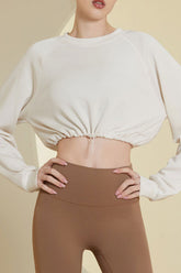 Round Neck Drawstring Hem Crop Sweatshirt