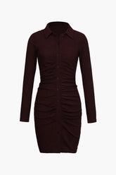 Brown Ruched Buttons Down Mini Dress