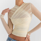 Beige Cross Mesh Long Sleeved Top