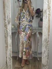 Exquisite Satin Floral Print Off-shoulder Shirt