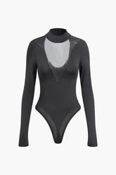 Mock Neck Sheer Mesh Patchwork Cut Out Backless Bodysuit