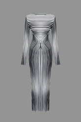 Stripe Contrast Round Neck Long Sleeve Maxi Dress