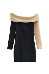 Contrast Off-Shoulder Long Sleeve Mini Dress