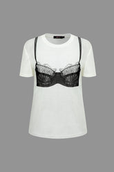 Lace Bikini Print Round Neck Short Sleeve T-shirt