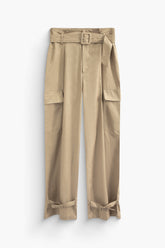High Waisted Buckle Detail Flap Pocket Straight Leg Pants With Belt