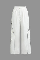 Contrast Stripe Drawstring Flap Pocket Straight Leg Sweatpants