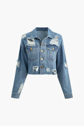 Frayed Button Up Flap Pocket Denim Coat