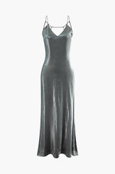 Metallic V-neck Backless Slip Maxi Dress