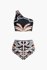 Coconut Tree Print One Shoulder Swimsuit Set