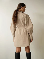 Beige Pleated Waist Mini Shirt Dress