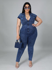 Zipper Turndown Collar Denim Jumpsuits