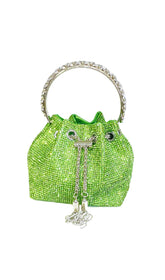 CRYSTAL EMBELLISHED BUCKET BAG IN GREEN