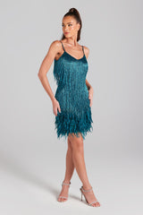 TASSEL FEATHER MINI DRESS IN EMERALD