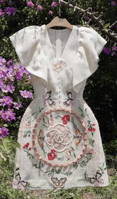 EMBROIDERY V-NECK MIDI DRESS IN WHITE