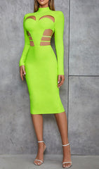 FLUORESCENT GREEN WAIST CUT-OUT SLIM-FIT DRESS