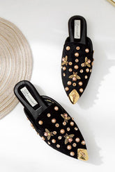 Metal Pearl Bee Mules Flats