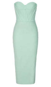 STRAPLESS CORSET MIDI DRESS IN SEAFOAM GREEN