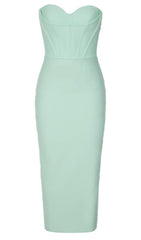 STRAPLESS CORSET MIDI DRESS IN SEAFOAM GREEN