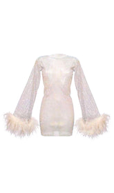FEATHER EMBELLISHED MESH MINI DRESS