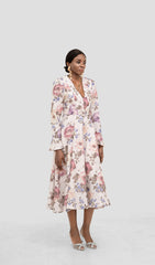 LITA FLORAL BELT LONG SLEEVE MIDI DRESS