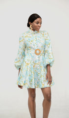 KELLEE AQUA FLORAL LONG SLEEVE MINI DRESS