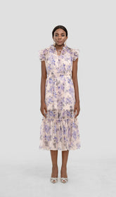 LVOREE VIOLET FLORAL RUFF MIDI DRESS
