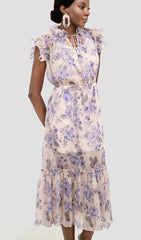 LVOREE VIOLET FLORAL RUFF MIDI DRESS